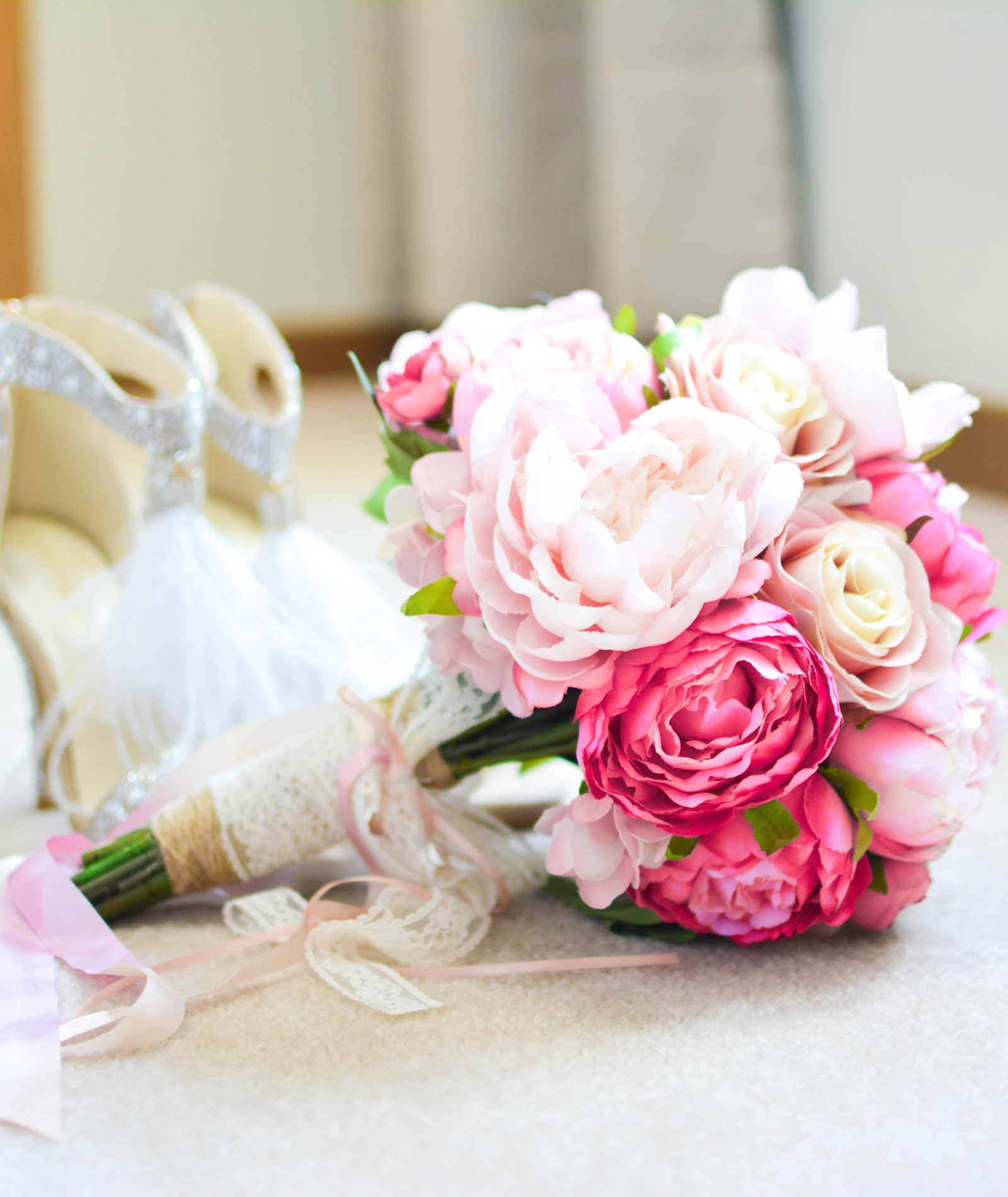 Pink peony wedding bouquet with silk ribbon